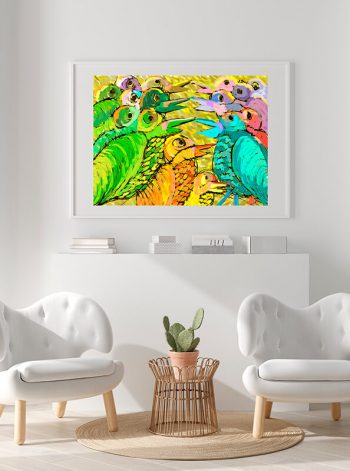 Espacio con dos sillones y un cactus con cuadro de vivos colores
