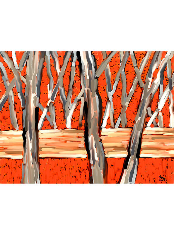 Cuadro de árboles sobre fondo rojo