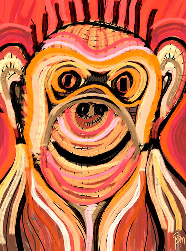 Mono con trazos de pintura en tonos rojos y amarillos de Suances Obradoiro